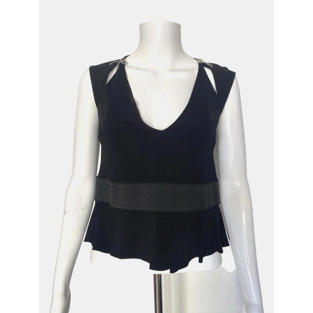 Vintage Blumarine Small Black Cut Out Peplum Rhinestone Bow Plunging V-Neck Top